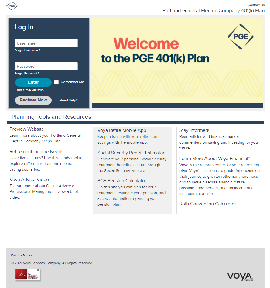A New Look VOYA log in page to PGE 401(k) accounts PGE Retirees